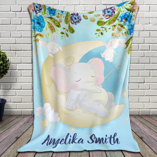 Teal Elephant Crescent Moon Personalised Name Sherpa Blanket