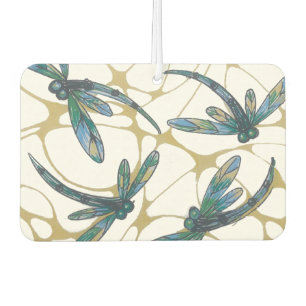 Teal & Emerald Dragonflies on Retro Yellow Groove Car Air Freshener