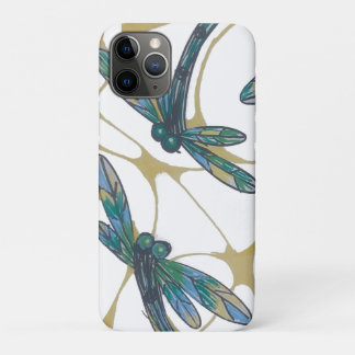 Teal & Emerald Dragonflies on Retro Yellow Groove iPhone 11 Pro Case