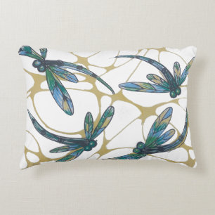 Teal & Emerald Dragonflies on Retro Yellow Groove Decorative Cushion