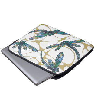 Teal & Emerald Dragonflies on Retro Yellow Groove Laptop Sleeve