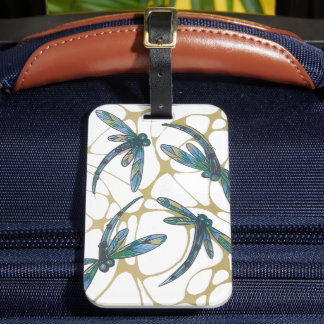 Teal & Emerald Dragonflies on Retro Yellow Groove Luggage Tag