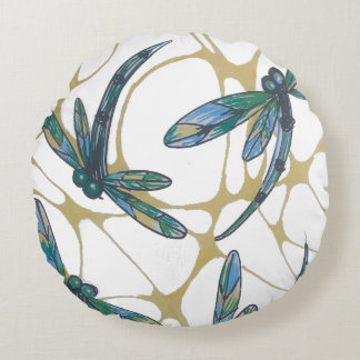 Teal & Emerald Dragonflies on Retro Yellow Groove Round Cushion