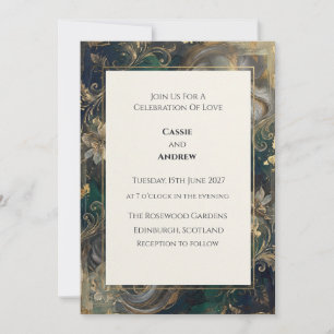 Teal Emerald Gold Baroque Floral Wedding Invitation