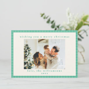 Teal Emerald Green Gingham Check Family Christmas Holiday Card