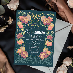 Teal Enchanted Garden Floral Quinceanera Invitation