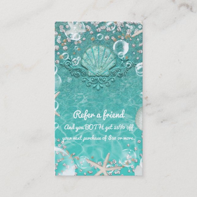 Teal Enchanted Sea Starfish & Bubbles Beach Refer Referral Card (Front)