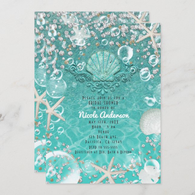 Teal Enchanted Sea Starfish & Bubbles Invitation (Front/Back)