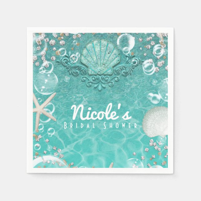 Teal Enchanted Sea Starfish & Bubbles Ocean Party Napkin (Front)