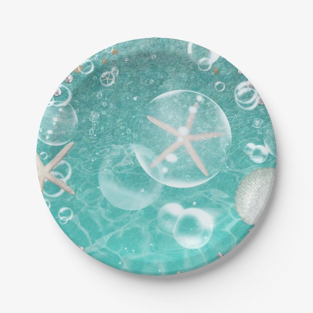 Teal Enchanted Sea Starfish & Bubbles Ocean Party Paper Plate (Front)