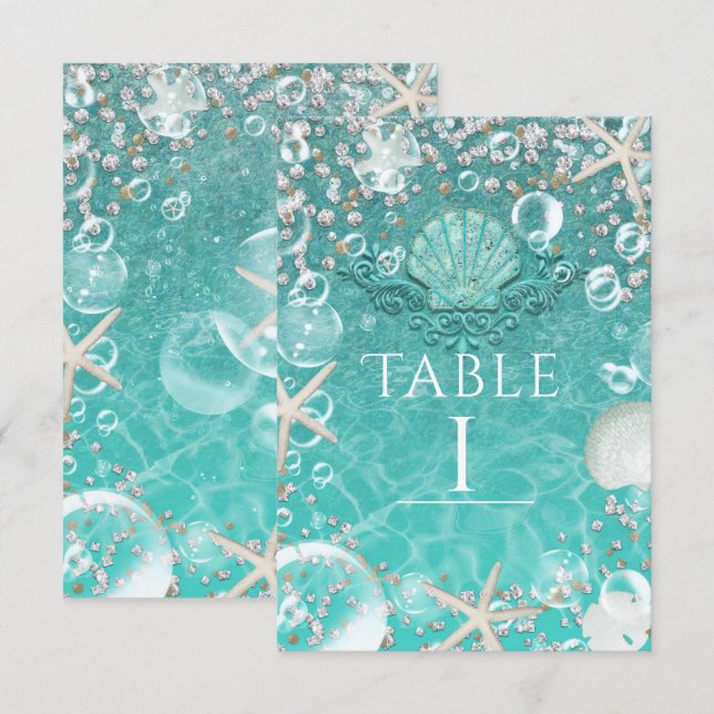 Teal Enchanted Sea Starfish & Bubbles Table Number (Front/Back)
