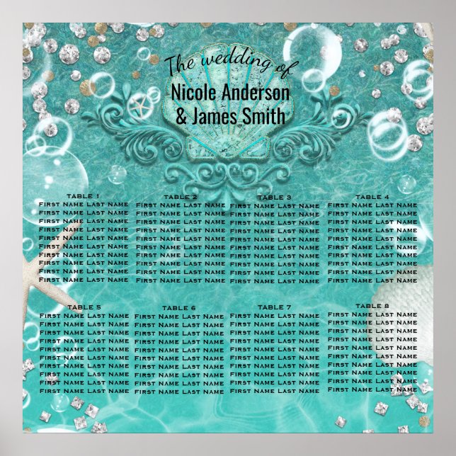 Teal Enchanted Sea Starfish Bubbles Table Seating Poster (Front)