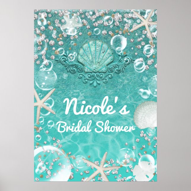 Teal Enchanted Starfish & Bubbles Banner Poster (Front)
