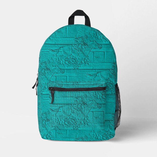 Teal Etched Look Horse Racing Silhouette Printed Backpack (Front)