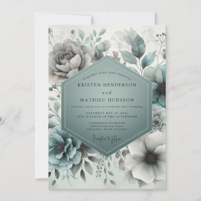 Teal Ethereal Blossom Wedding Invitation (Front)