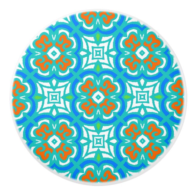 Teal Ethnic Pattern Ceramic Knob (Front)