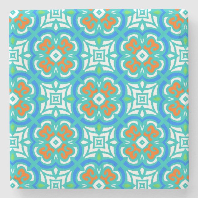 Teal Ethnic Pattern Stone Coaster (Front)