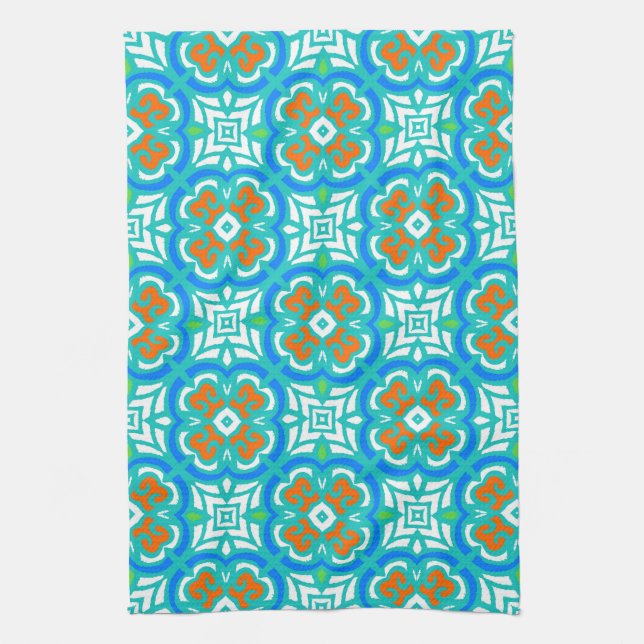 Teal Ethnic Pattern Tea Towel (Vertical)