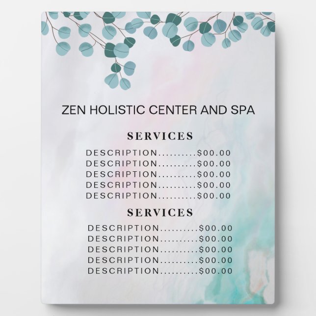 Teal Eucalyptus Spa Salon Services Price Menu Plaque (Front)