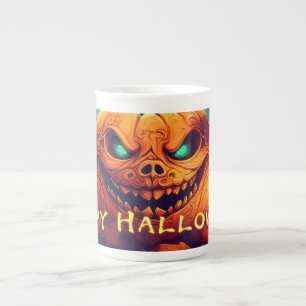 Teal-Eyed Pumpkin Candles Full Moon Halloween Bone China Mug