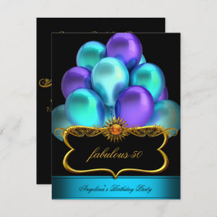 Teal Fabulous Black Gold Balloons Birthday Party Invitation