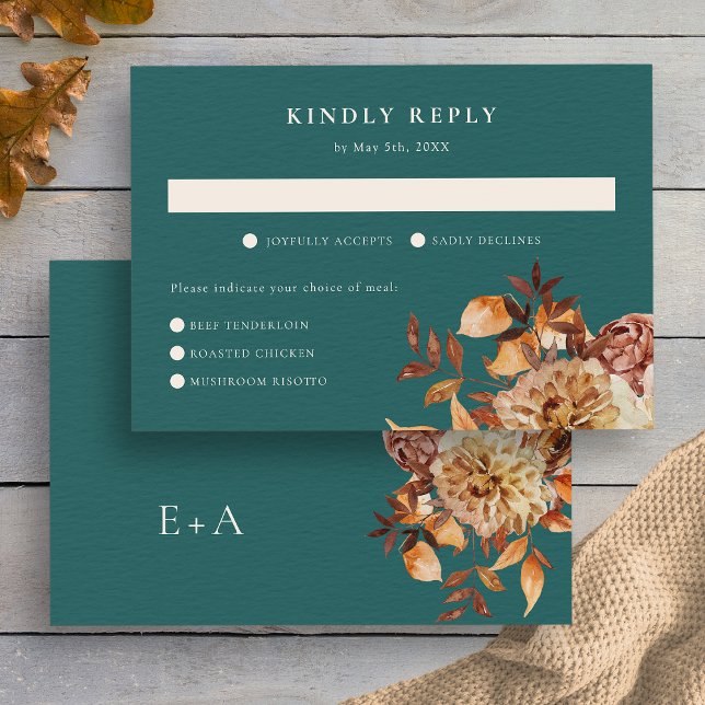 Teal Fall Floral RSVP Card (Teal Watercolor Fall Floral RSVP Card Monogrammed by Painted Paperie
)