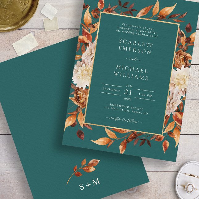 Teal Fall Floral Wedding Invitation (Elegant Copper Leaves Teal Fall Floral Wedding Invitation by Painted Paperie
)