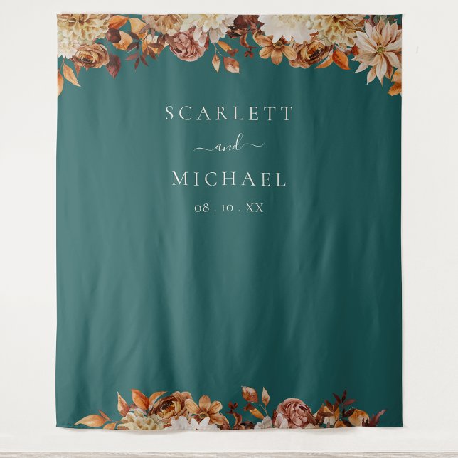 Teal Fall Leaves Tapestry (Teal Fall Leaves Wedding Tapestry by Painted Paperie
)