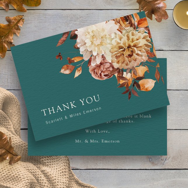 Teal Fall Leaves Thank You Card (Teal Rustic Watercolor Fall Leaves Thank You Card by Painted Paperie
)
