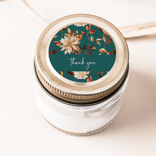 Teal Fall Leaves Thank You Sticker (Teal Fall Leaves Round Thank You Sticker by Painted Paperie
)