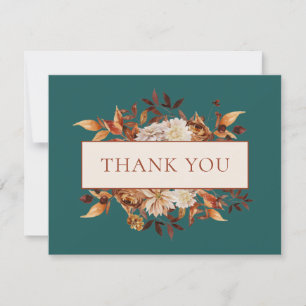 Teal Fall Terracotta Leaves Floral Thank You Card