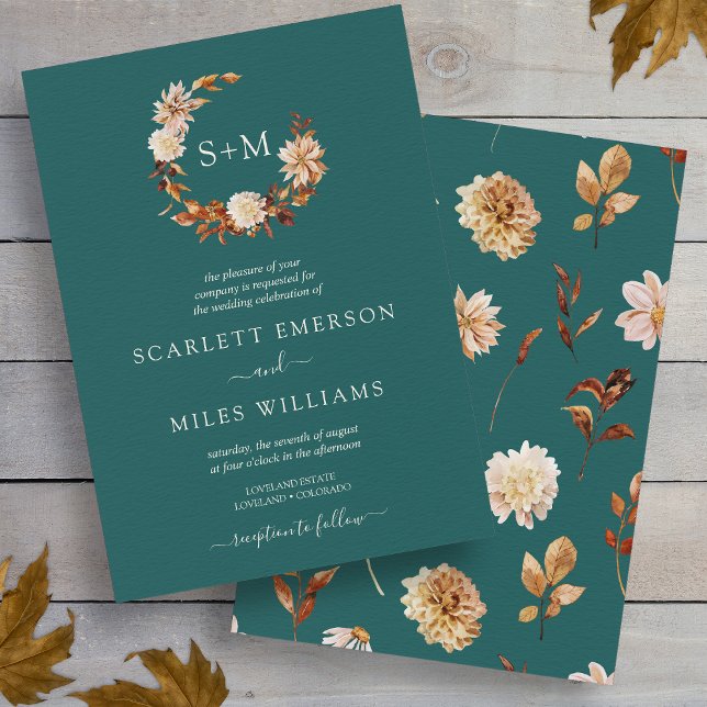 Teal Fall Terracotta Monogram Wreath Wedding Invitation (Teal Fall Terracotta Monogram Wreath Wedding Invitation by Painted Paperie
)