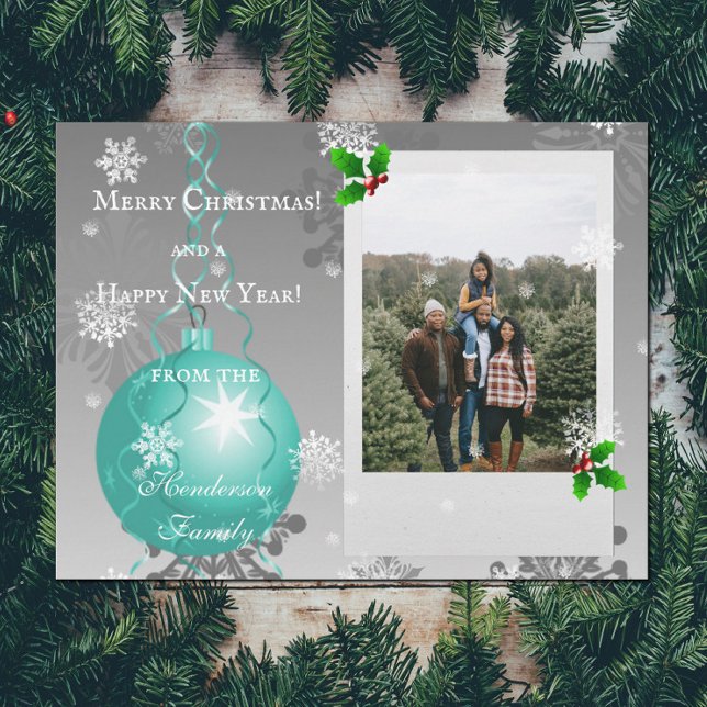 Teal Fancy Christmas Ornament Holiday Photo Card (Teal Fancy Christmas Ornament Holiday Photo Card)