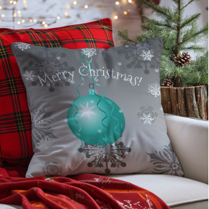 Teal Fancy Christmas Ornament Throw Pillow