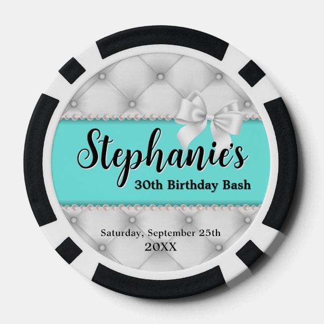 Teal Fancy Tiffany Pearls Birthday Party Keepsake Poker Chips (Back)