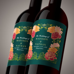 Teal Fantasy Enchanted Floral Garden Wedding Wine Label