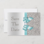 Teal Faux Bow & Diamonds Silver Save The Date<br><div class="desc">Personalised wedding Save The Date cards. Elegant custom silver and teal colours double sided flat save the dates with a beautiful sparkly printed glitter sequins pattern, cute shiny printed teal blue / turquoise vector image bows and ribbons and pretty, stylish printed image diamonds bling jewels and dark silver grey text...</div>