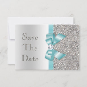 Teal Faux Bow & Diamonds Silver Save The Date