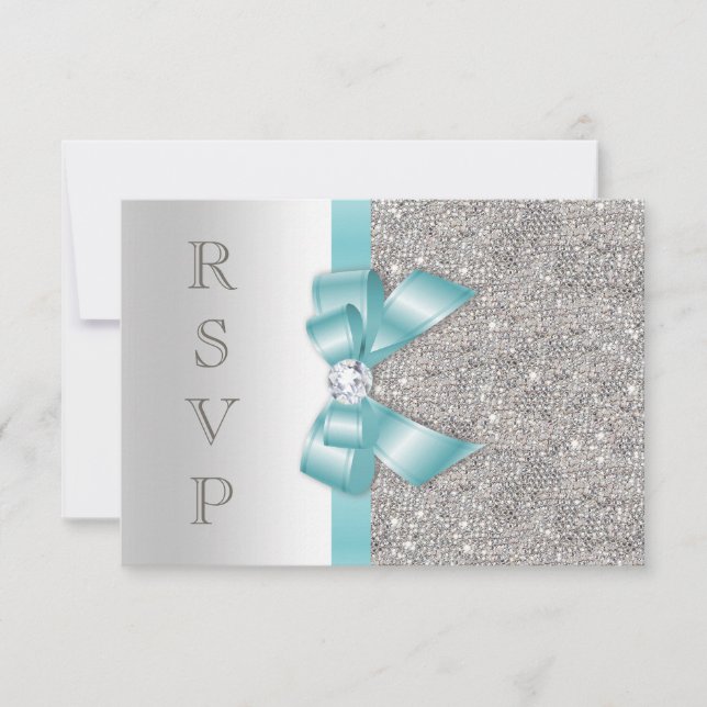 Teal Faux Bow Silver Diamonds RSVP (Front)
