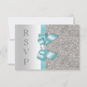 Teal Faux Bow Silver Diamonds RSVP Card