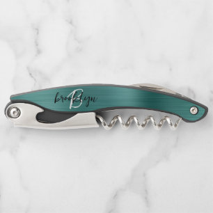 Teal Faux Brushed Metal Monogram Script Corkscrew
