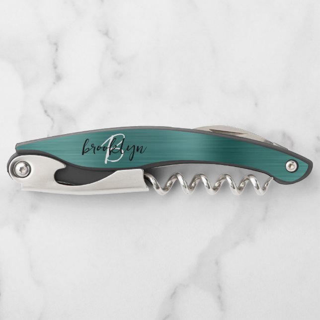 Teal Faux Brushed Metal Monogram Script Corkscrew (Front)
