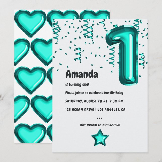 Teal Faux Foil Balloon 1st Birthday Party Invitation (Front/Back)