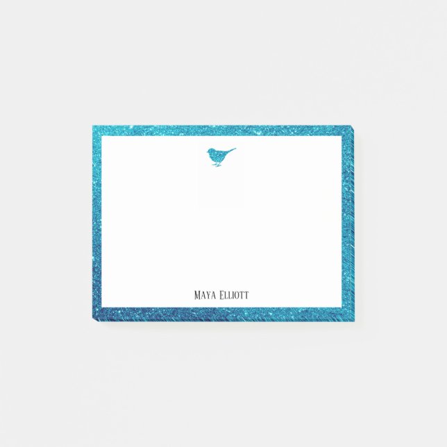 Teal Faux Glitter Bird and Border w/ White Post-it Notes (Front)