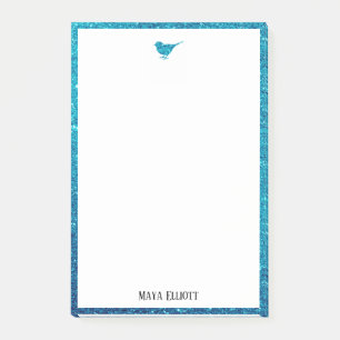 Teal Faux Glitter Bird & Border on White Post-it Notes