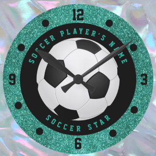 Teal Faux Glitter Boys Soccer Ball Football  Round Clock