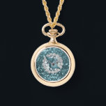 Teal Faux Glitter & Seashell Watch<br><div class="desc">Beautiful gold watch necklace featuring Teal Faux glitter & Seashell design</div>