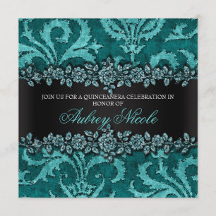 Teal Faux Glitter & Velvet Floral Quinceanera Invitation