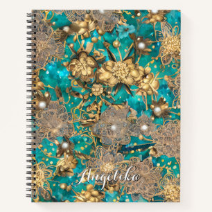 Teal Faux Gold Glitter Abstract Flowers Custom Notebook