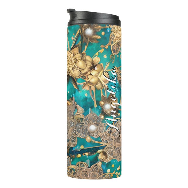Teal Faux Gold Glitter Abstract Flowers Custom Thermal Tumbler (Rotated Right)